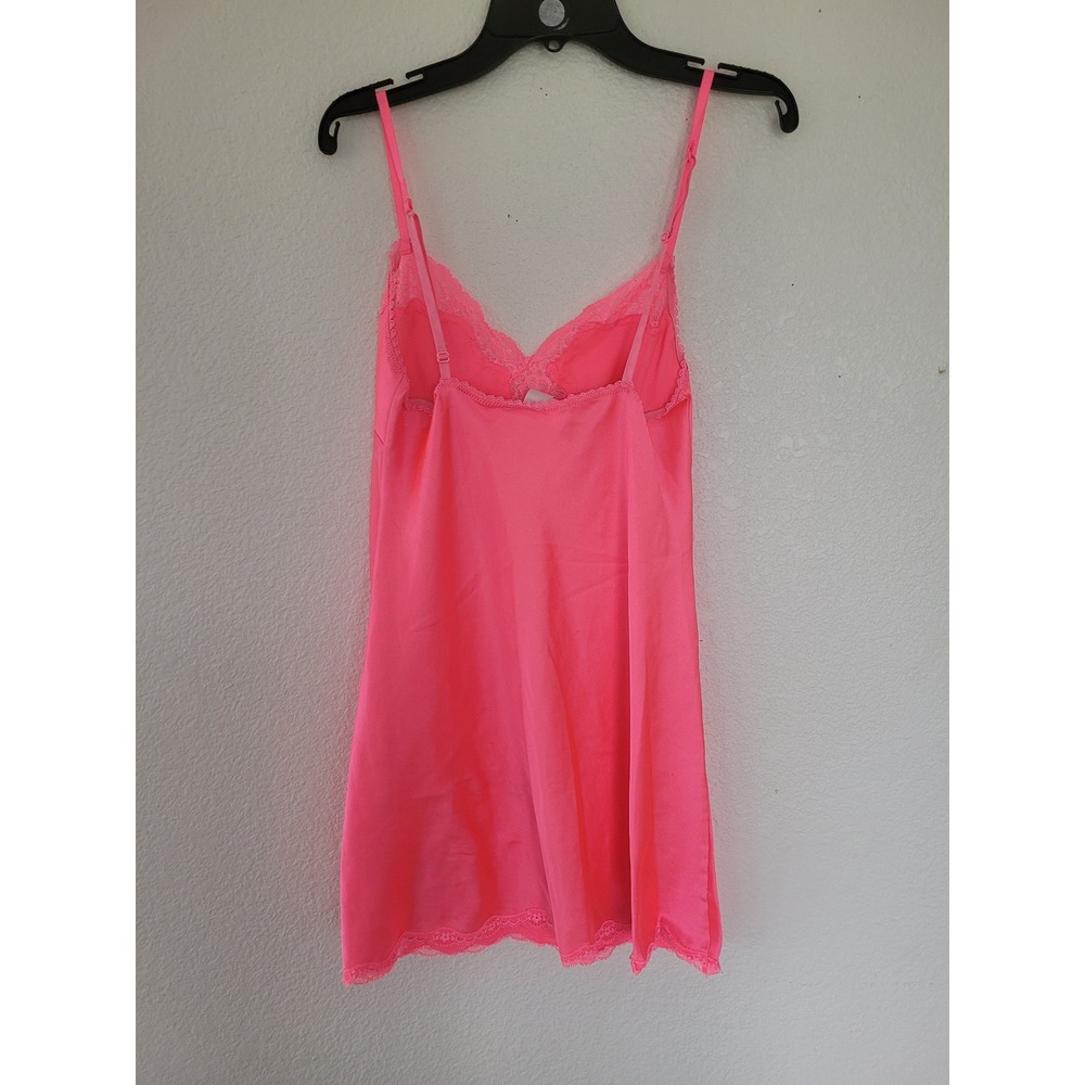 Victorias Secret Neon Pink Lace Trim Slip Chemise Cami Dress S Women's #12
